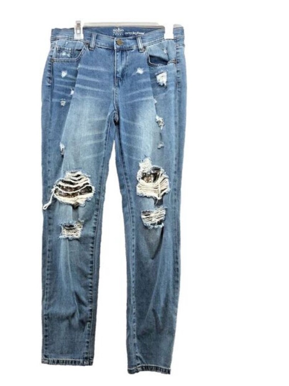 NYC & SOHO • Distressed High-Rise Skinny Jeans with Sequin Embellishments  Curvy